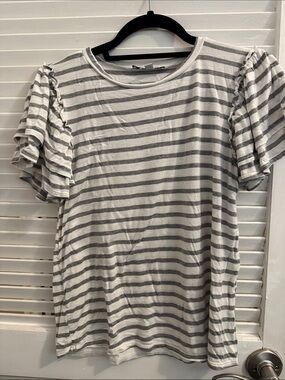 Striped Ruffle Sleeve Women’s Top - White & Gray